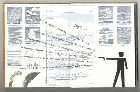 Opened book with graphic images and texts. An illustrated figure with a cap holding a gun with his arm straight and texts are coming from the gun. There are images of the sky, clouds, and airplane.
