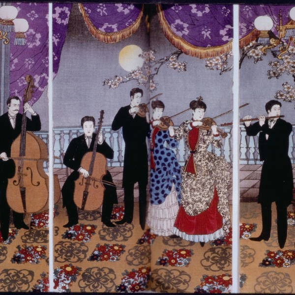 A triptych image of a colorful woodcut depicting a group of Japanese men and women in Western clothes performing a music concert. On the upper right corner includes Japanese texts, and on the upper left corner shows music notes. 
