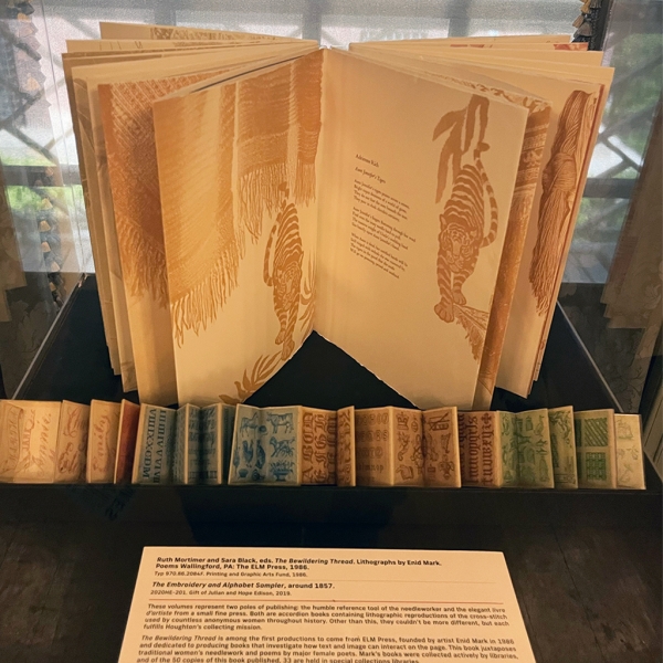 Several opened books in front of a description card at an exhibition