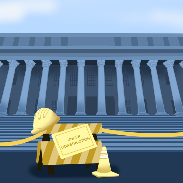 drawing of the front steps of Widener Library with construction gear that has a sign on it reading "under construction"