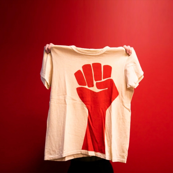 An unseen person holds up a white t-shirt with a red raised fist printed on it