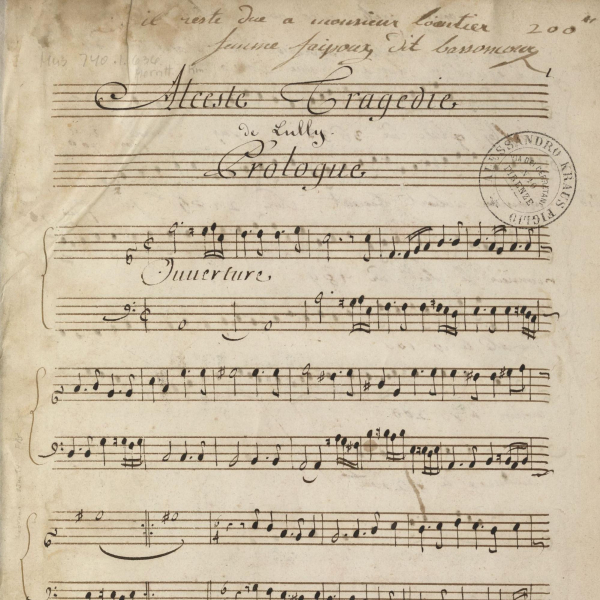 A manuscript of Jean-Baptiste Lully's opera "Alceste," created early in the 18th century at a shop on Rue Saint-Honoré, Paris.
