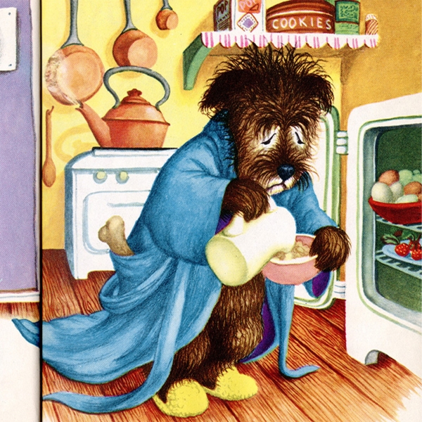 A scene of a sleepy Mister Dog standing in front of an open fridge, wearing a robe while pouring milk into his bowl of cereal.