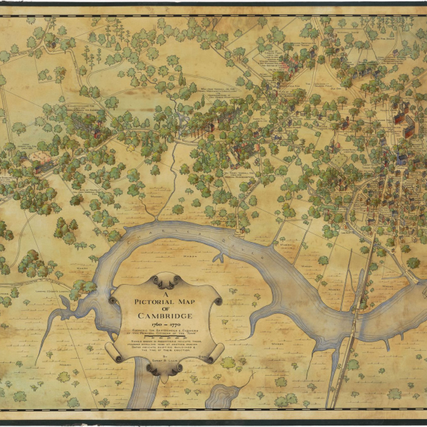 Colorful illustrated map of Cambridge, Massachusetts, depicted trees and buildings from an aerial view.