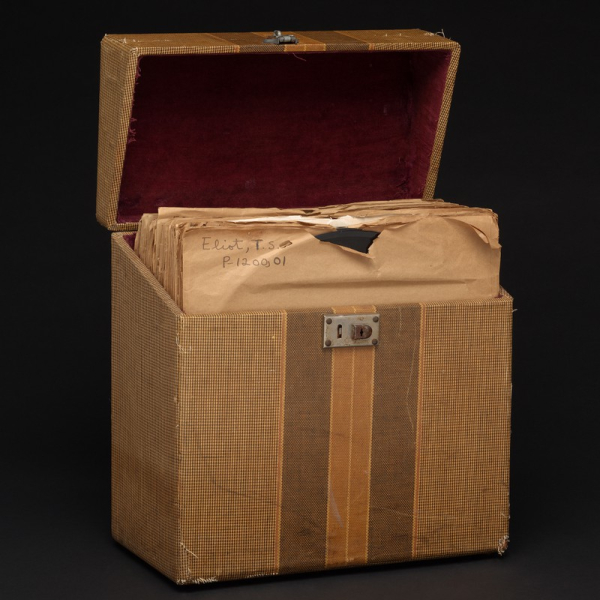 Photograph of a brown case full of record albums