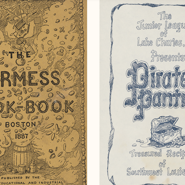 An image of two cookbooks side by side: One is The Kirmess Cookbook with a yellow cover, and the other is Pirate's Pantry with a white cover.