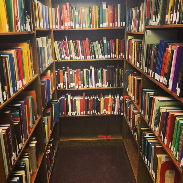bookshelves in the Seeger Room