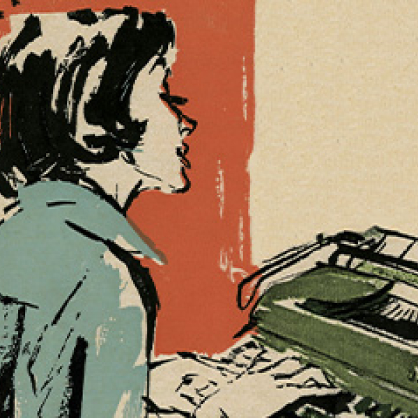 Detail from a brochure featuring a woman using the Olympia SM3 typewriter at her desk. 
