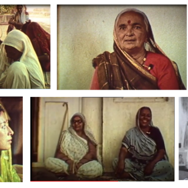 A montage of 6 images of Indian women, including a group of women in saris sit outside sifting grain, and others posing by themselves or in pairs.