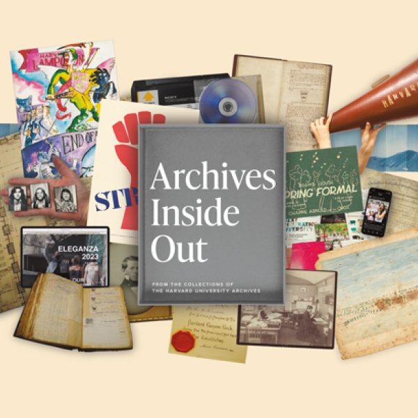 Archival box top reading "Archives Inside Out" with various documents, objects, and media surrounding it.