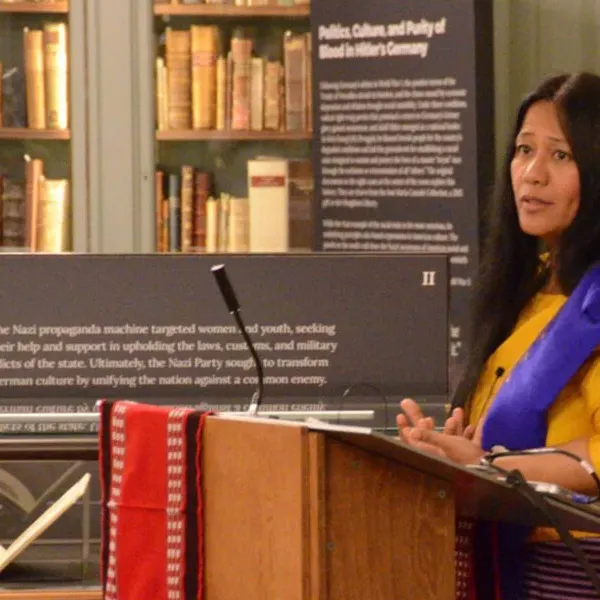 Binalakshmi Nepram delivering the George Parker Winship Lecture, “Documenting Indigenous Nations, War, and Peace,” at Houghton Library
