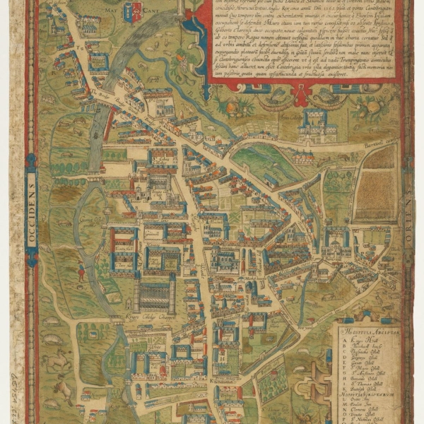 Colorful and detailed map of Cambridge, England with individual buildings, people and animals
