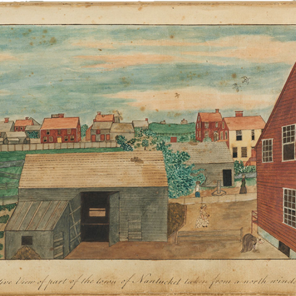 Color drawing of a view in Nantucket from colonial era