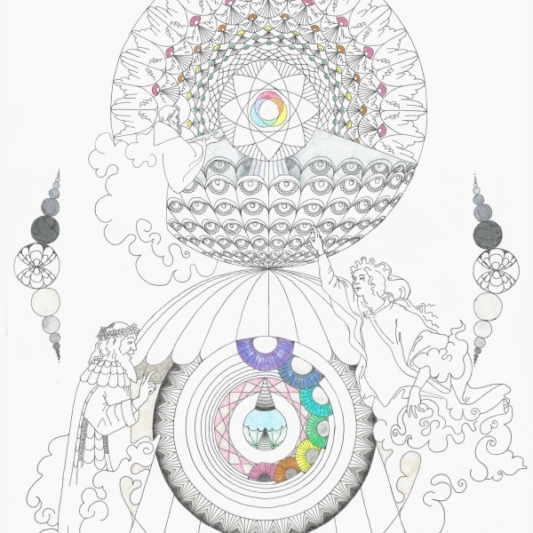 Graphic with two connected circles, each filled with details, and surrounded by characters from Dante's 'Divine Comedy'