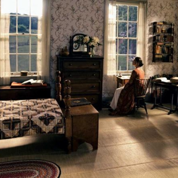 The interior of Emily Dickinson’s Amherst, Massachusetts, bedroom, as painstakingly recreated by Apple TV+ for its 2019-2021 series Dickinson.