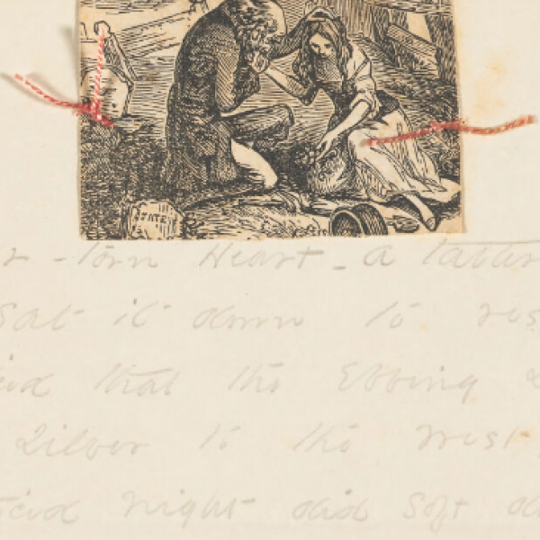 A scanned image of an Emily Dickinson poem with an illustration attached with string