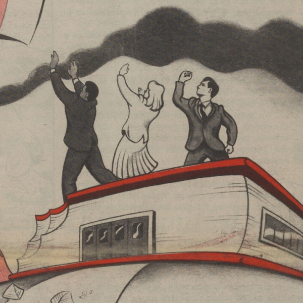 A scanned portion of a March 1990 issue of MTA Today showing in illustrating of an ax heading towards a book-shaped school with the headline "Education in crisis"