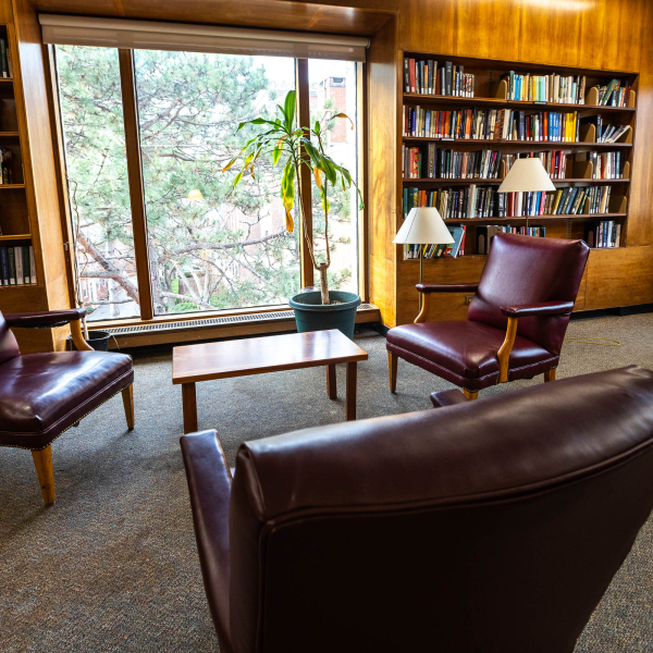Leather chairs surrounded by full bookshelves with a sunny window and plants.