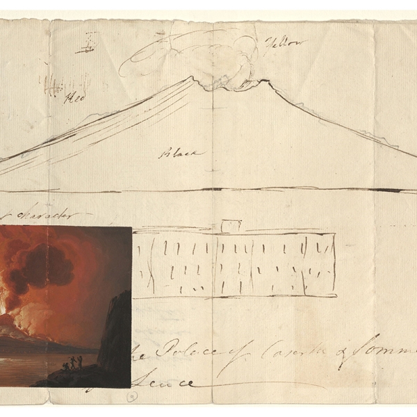 Sketch of Vesuvius’s volcanic activity with a colored print of it erupting attached to the bottom left corner of the page.