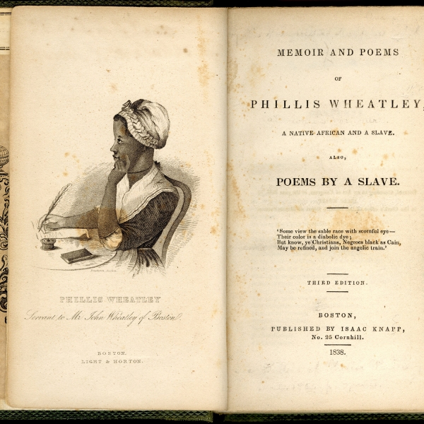 Frontispiece of a woman seated and holding a quill pen, captioned, “Phillis Wheatley Servant to Mr. John Wheatley of Boston.”