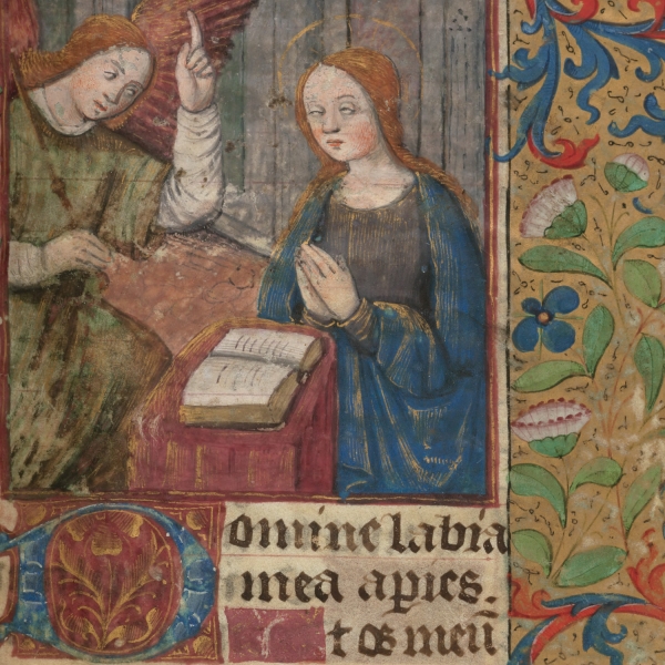 Illuminated manuscript page with floral decorative border framing the Annunciation scene with Gabriel, Mary, and an open book.