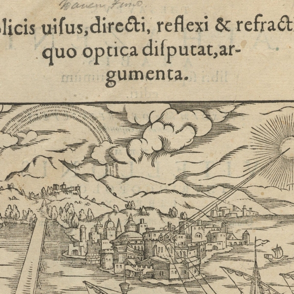 Frontispiece showing the legend of Archimedes using a parabolic mirror to set Roman ships on fire by focusing the sun’s rays.
