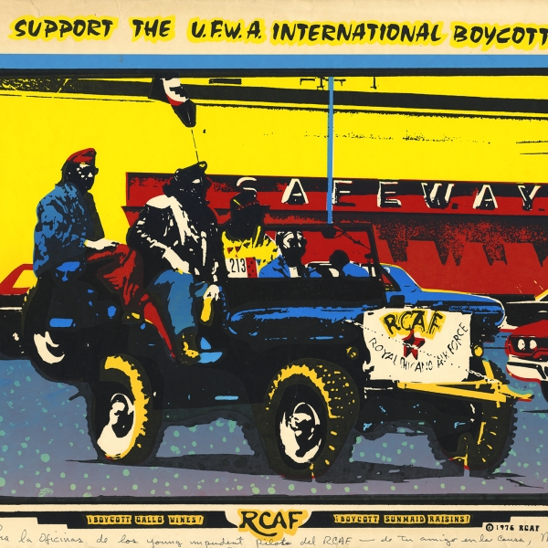 bright color poster showing men on a truck