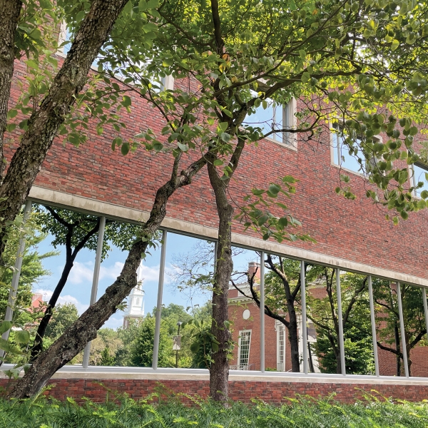 Lamont Library exterior of brick and glass and green trees