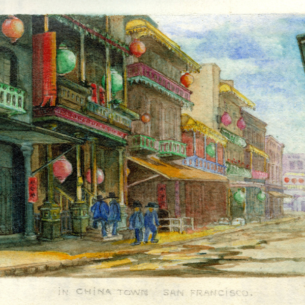 A scan of a colorful tipped-in watercolor of a street scene of San Francisco’s Chinatown in darker colors with crowded compositions.