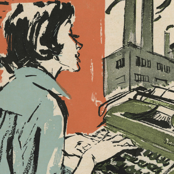 A 20th-century brochure featuring a woman typing on a green typewriter at her desk with a factory visible through the window.
