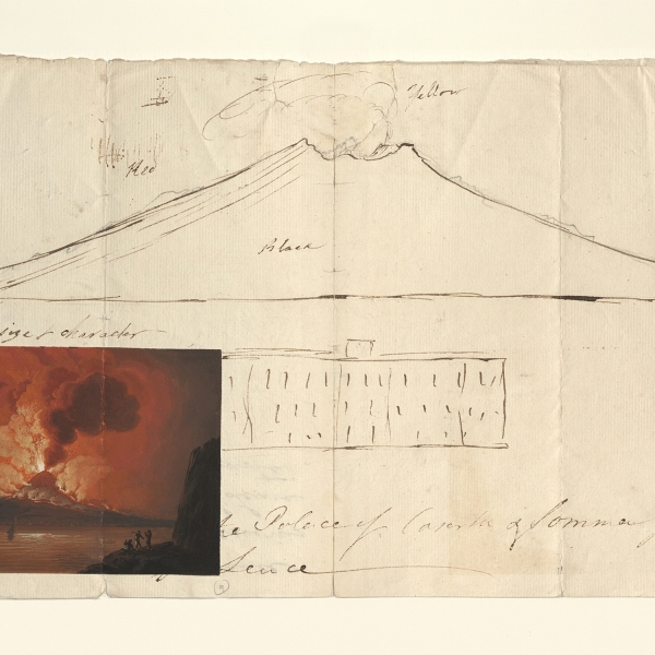 Sketch of Vesuvius’s volcanic activity with a colored print of it erupting attached to the bottom left corner of the page.