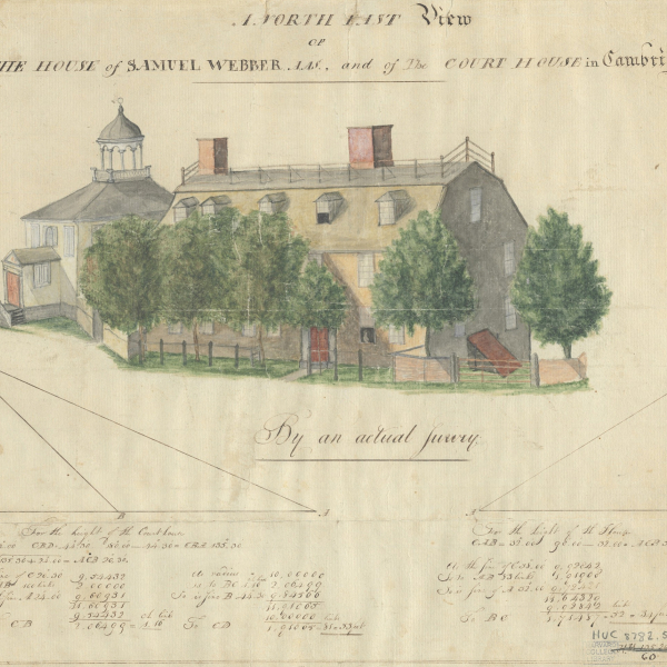 A hand-drawn and hand-colored illustration of several buildings, surrounded by calculations and figures.