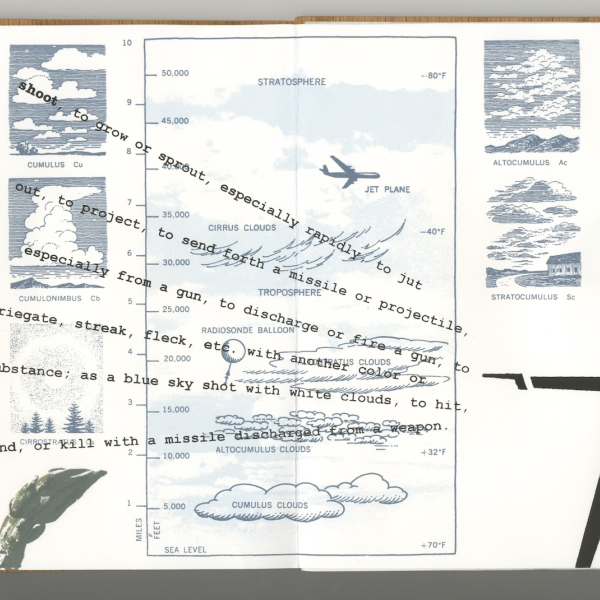 Opened book with graphic images and texts. An illustrated figure with a cap holding a gun with his arm straight and texts are coming from the gun. There are images of the sky, clouds, and airplane.