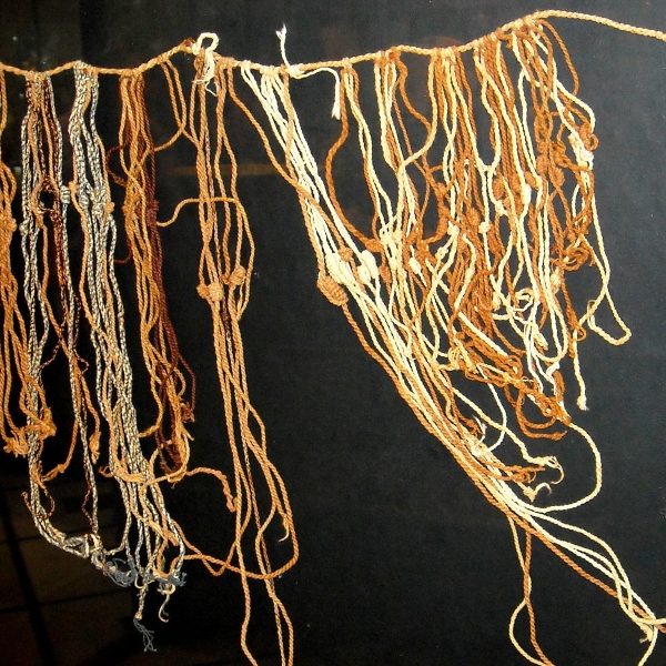 Close-up photo of knotted cords called 'quipu'
