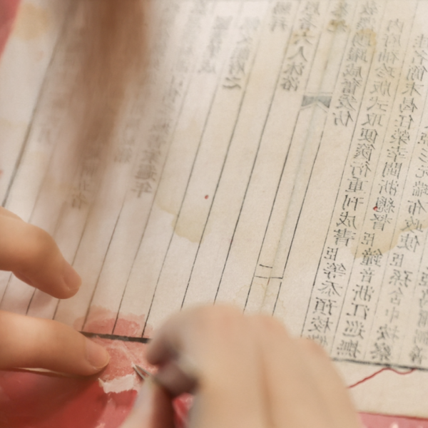 close up of hands repairing a book