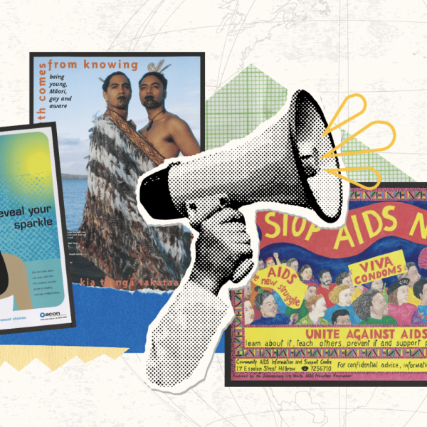 Colorful illustrated collage of AIDS awareness and information posters from the Widener Library collection