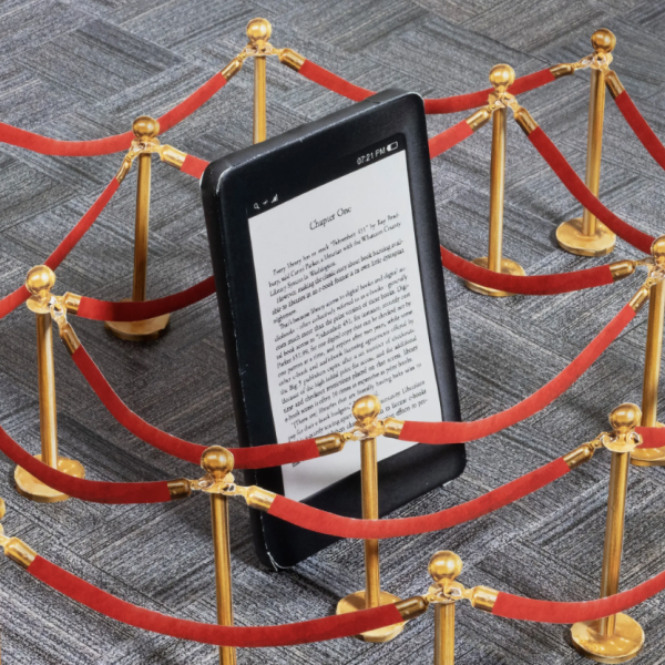 Photo-realistic graphic depicting an e-reading device surrounded by velvet cordons