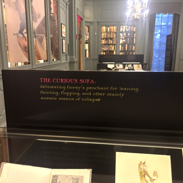 A view of the Gorey exhibit room with a chandelier in the middle