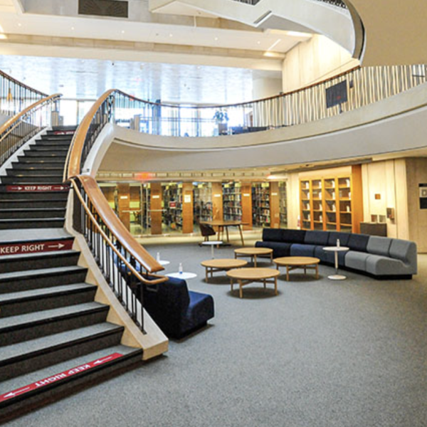 A view of Countway's interior, with its winding staircase into the lower level.