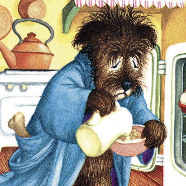 An illustration of a dog standing in front of an open fridge pouring some milk into a cereal. The dog is wearing a robe, and a long-suffering expression.