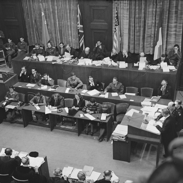 A black and white image of a war tribunal court.