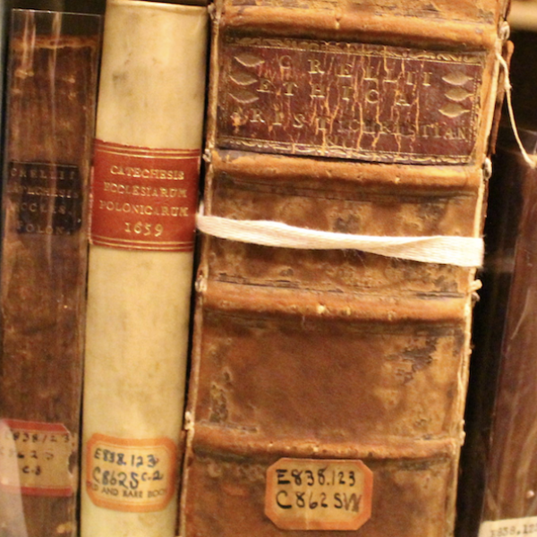 A shelf of books at Harvard Divinity School Library