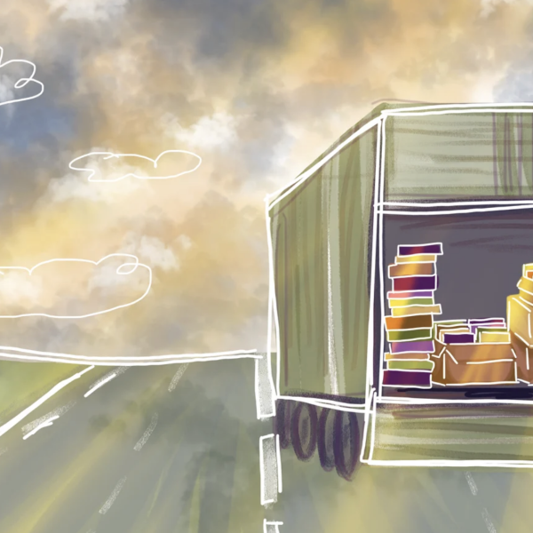 An illustration of a truck on a wide open road. The back of the truck is open and you can see that back is filled with books.