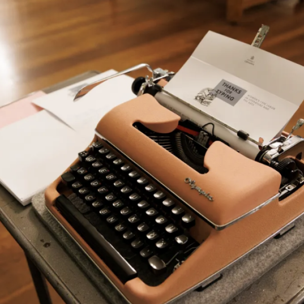 An image of a typewriter. It's a display in the Women's Type Labor exhibit at Houghton Library.