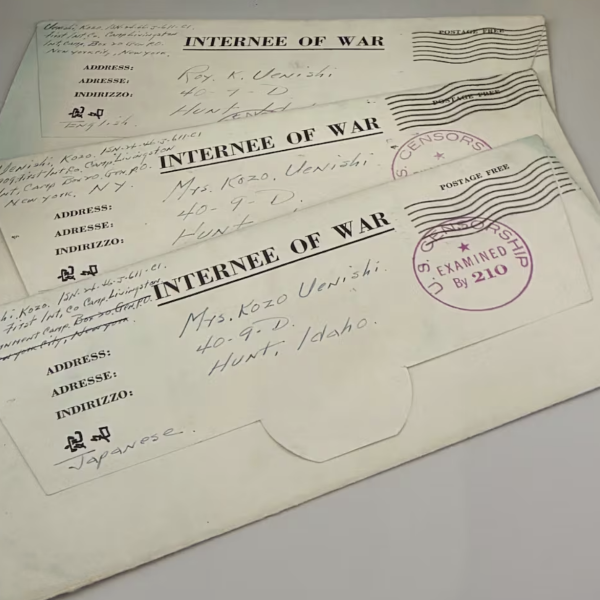 Three stamped envelopes, laid out in a row, which say "Internee of War."