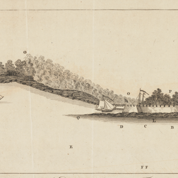 Relief view of Sullivan's Island from Boston Harbor with tall ships 