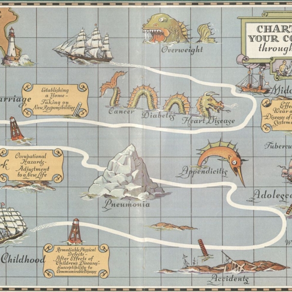 Mythical and fantastical map with the title "charting your course through life"