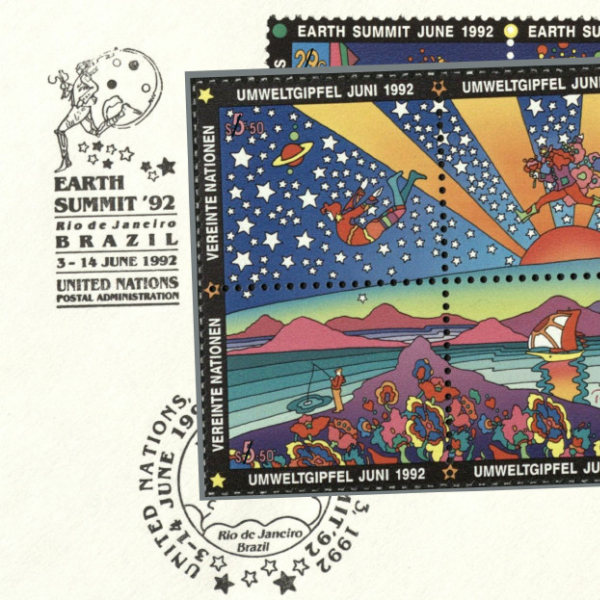 Peter Max-designed postage stamps, Rio Earth Summit. 