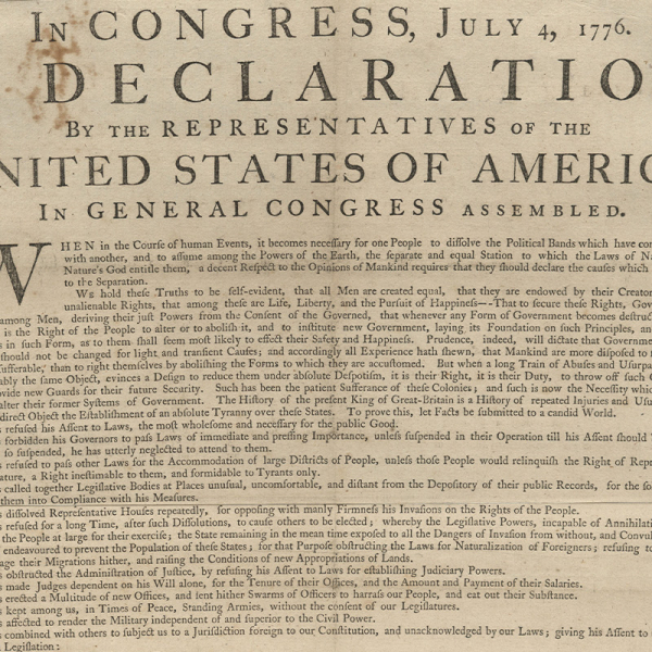 Detail of the first half of John Dunlap's broadside, the first printing of the Declaration of Independence.