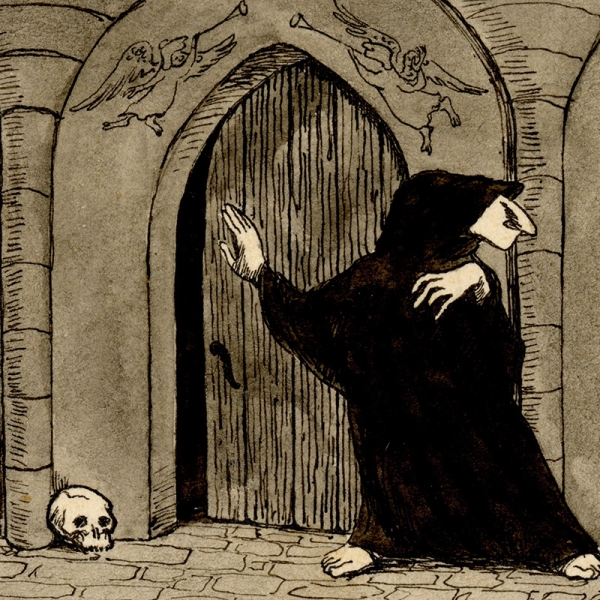 Black and white drawing of a figure wearing a long black cloak, standing near an arched doorway with a skull on the ground.